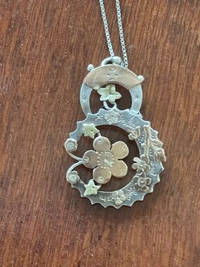 Edwardian Floral Tri-Tone Ster Silver & Gold crescent moon star Pendant Necklace